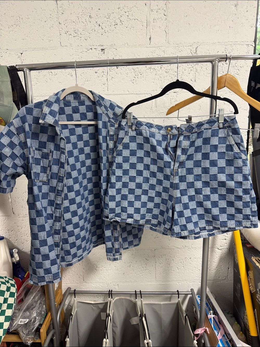 Blue Checkerboard Denim Jacket and Shorts Set Size XL Jean Material NWOT